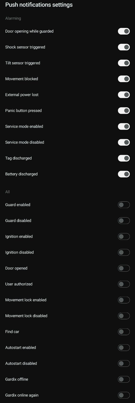 Push notifications settings